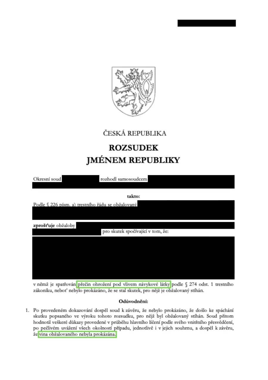 Případ: řízení pod vlivem drog — klient zproštěn obžaloby